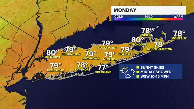 Video thumbnail for Mostly sunny skies, with a chance of isolated shower for Monday on Long Island