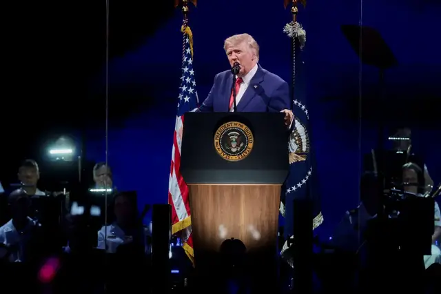 Video thumbnail for Trump lauds Americans in storm-delayed 250th anniversary speech