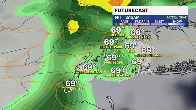 Video thumbnail for Scattered showers and a rumble of thunder overnight in Brooklyn