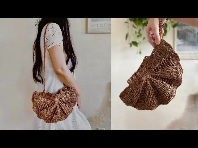 Video thumbnail for Crochet raffia sea shell handbag / shoulder bag, using only one skein of raffia ribbon #crochetbag