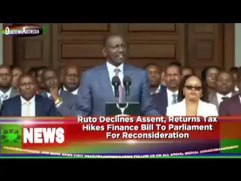 Video thumbnail for Ruto Declines Assent, Returns Tax Hikes Finance Bill To Parliament For Reconsideration
