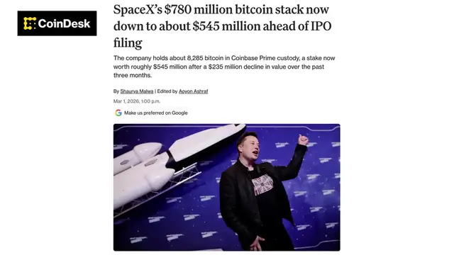 Video thumbnail for SpaceX IPO filing to reveal $545M bitcoin stash