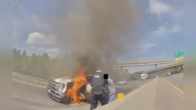 Video thumbnail for US: Hero Officer Pulls Driver From Burning Pickup Moments Before It Explodes On Missouri Highway.