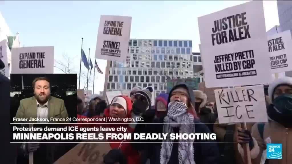 Video thumbnail for Protesters demand ICE agents leave Minneapolis over Pretti shooting