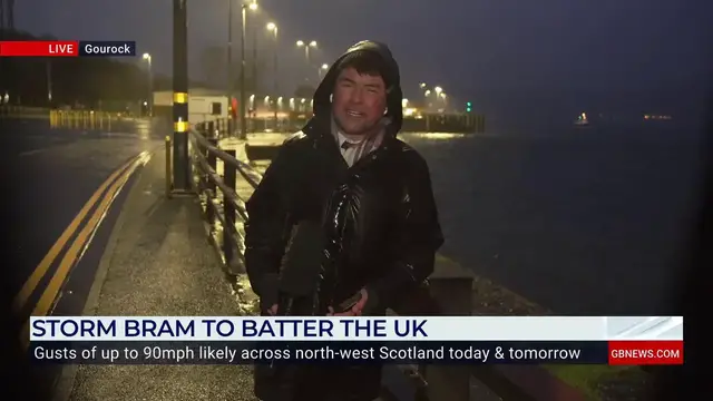 Video thumbnail for WATCH: GB News reporter battered by ‘torrential rain’ and ‘brutal winds’ during Storm Bram report