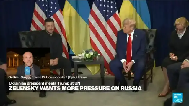 'Video thumbnail for Trump and Zelenskyy meet at the UN as Ukraine presses for US help against Russia'