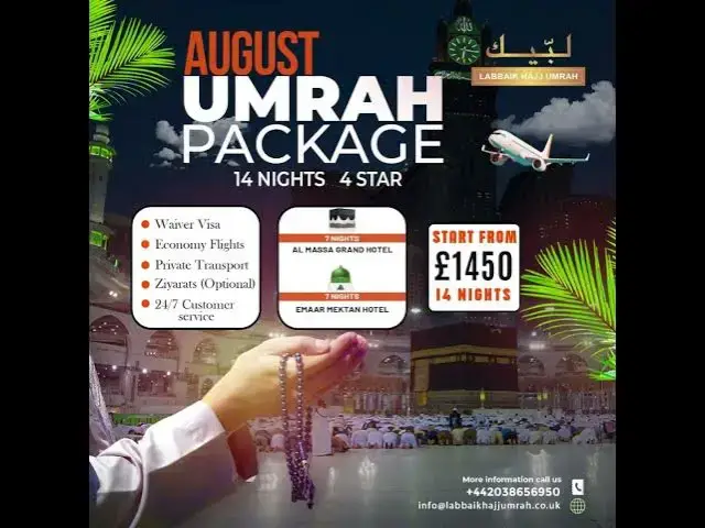 Video thumbnail for 4⭐ August Umrah Packages 2025 | 7, 10, 14 Nights from £1095 | Flights, Hotels & Visa Included