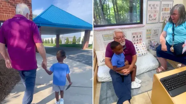 'Video thumbnail for Proud Three Year Old Takes His Favorite Neighbors To Preschool Open Day To Show Them Around'