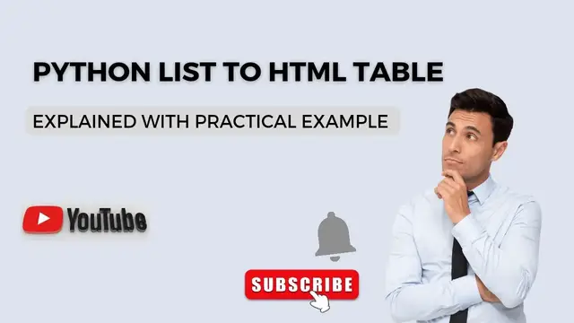 Video thumbnail for Python List to HTML Table Conversion - Python Tutorial