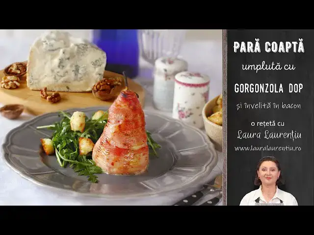 'Video thumbnail for Pară coapta umplută cu Gorgonzola și învelită în bacon - un aperitiv elegant și delicios!'