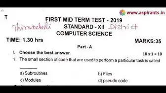 Video thumbnail for 12th Computer Science First Mid Term Question Paper 2019-20 | Tirunelveli District | English Medium