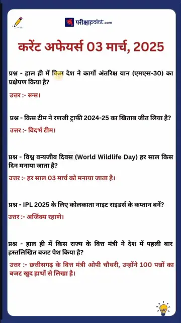 Video thumbnail for 03 मार्च करेंट अफेयर्स 2025 #hindicurrenttaffairs #hindigk #dailycurrentaffairsinhindi #gkinhindi