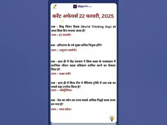 Video thumbnail for 22 February 2025 Current Affairs in Hindi #hindicurrenttaffairs #currentaffairssinhindi #gkinhindi