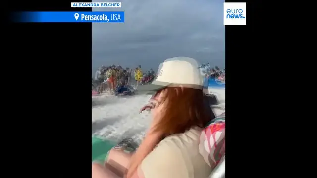 Video thumbnail for Watch: US Navy Blue Angels' low flyover leaves beachgoers stunned