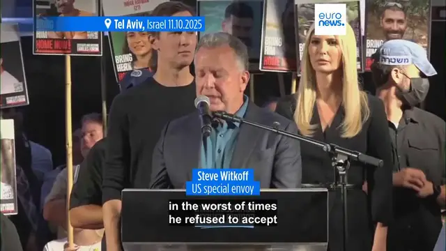 'Video thumbnail for Israelis cheer Trump at Tel Aviv rally as they brace for the return of hostages'