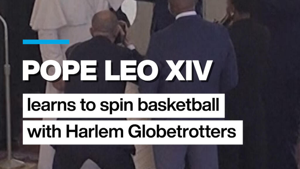 Video thumbnail for #Pope Leo XIV learns to spin #basketball with Harlem Globetrotters