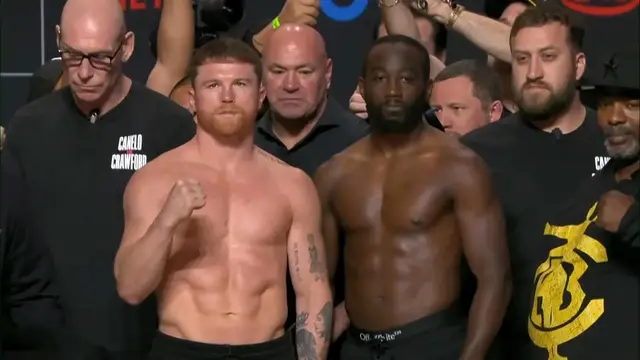 'Video thumbnail for Both Canelo and Crawford weigh in at 167.5 pounds ahead of Las Vegas fight'