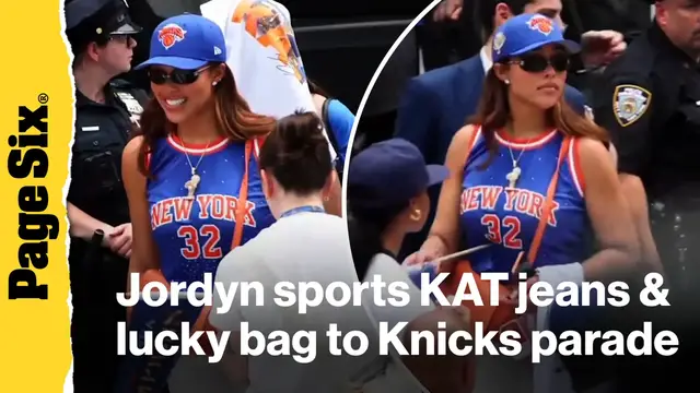 Video thumbnail for Jordyn Woods sports custom Karl-Anthony Towns jeans — and her lucky bag — to the Knicks NYC parade