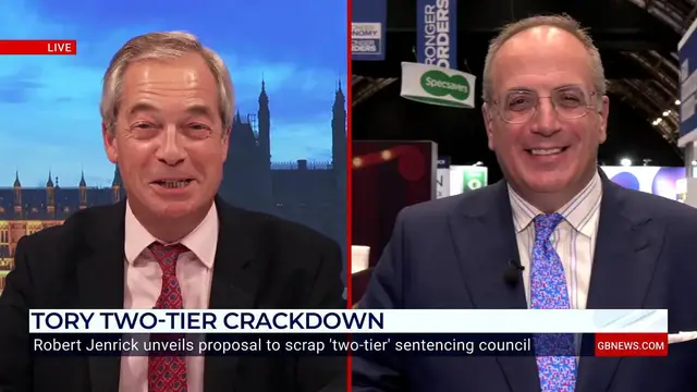 'Video thumbnail for WATCH NOW: Nigel Farage unable to contain laughter with top Tory over 'dead' Conservative Party Conference'