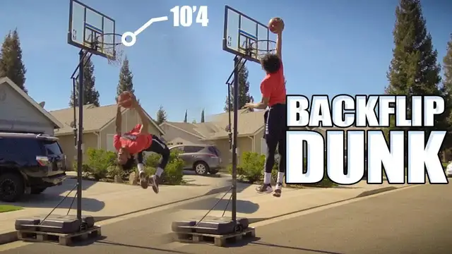 Video thumbnail for Backflip Dunk: Professional Dunker dunks off VERTICAL on 10'4 rim