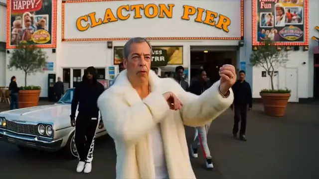 'Video thumbnail for WATCH: Nigel Farage dances in fur coat to bizarre Reform UK rap song in viral AI clip'