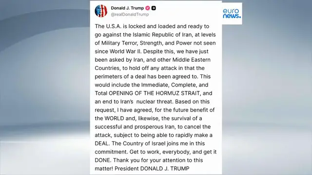 Video thumbnail for Trump says he's cancelling strikes on Iran as 'perimeters of a deal' agreed