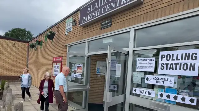 Video thumbnail for US: Voting begins in Makerfield by-election as Reform Party leader Nigel Farage casts ballot (2).