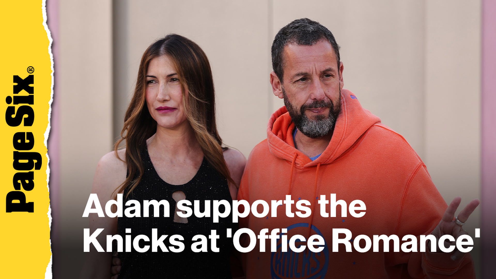 Video thumbnail for Adam Sandler supports the Knicks (and his wife) at 'Office Romance premiere in sweats: 'This is his schtick now'