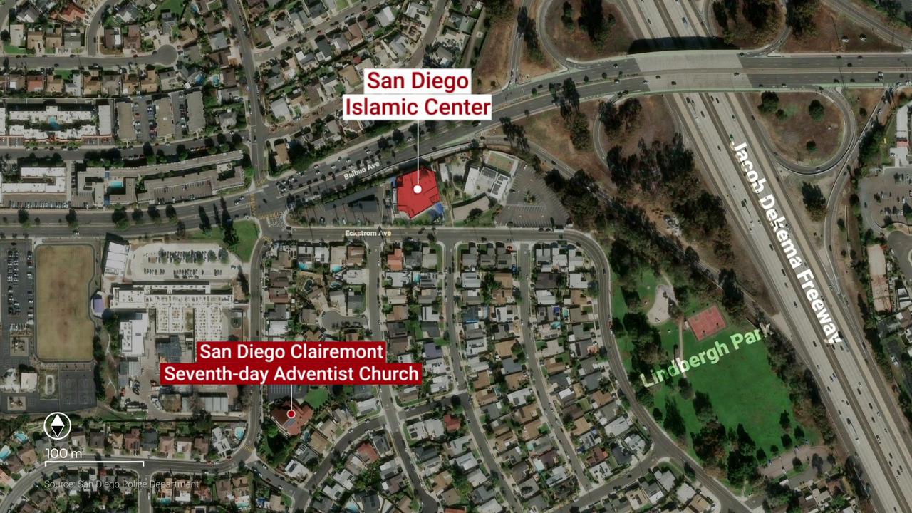 Video thumbnail for US: MOTION GRAPHICS - 5 people, including 2 suspected shooters, killed at San Diego Islamic Center: Officials.