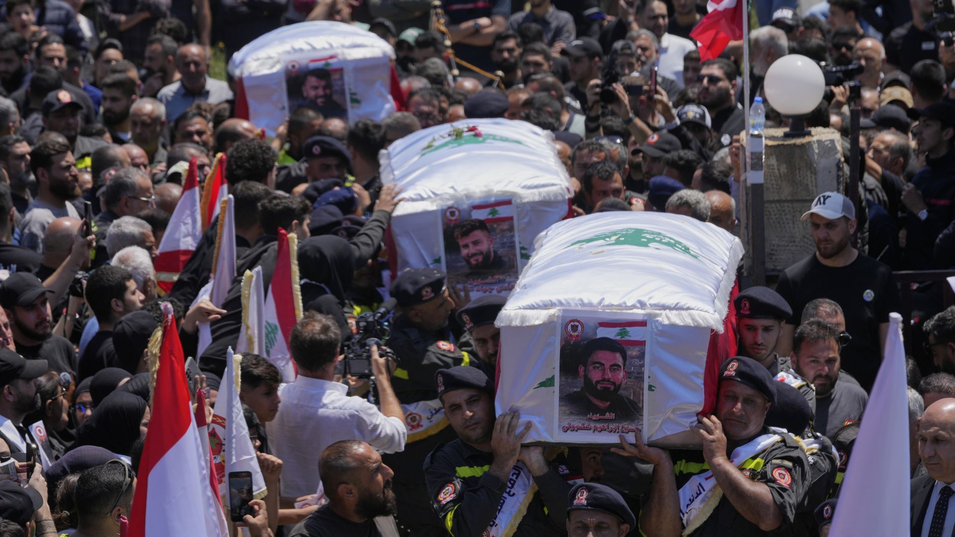 Video thumbnail for Lebanon Civil Defence members killed in Israeli ‘double-tap’ strike laid to rest in Tyre
