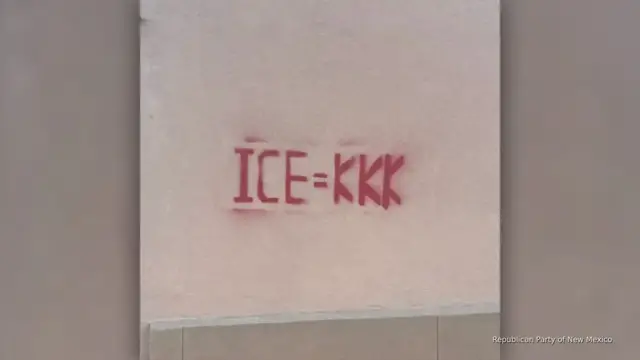 'Video thumbnail for New Mexico Republican Party's HQ set on fire, tagged with 'ICE=KKK''