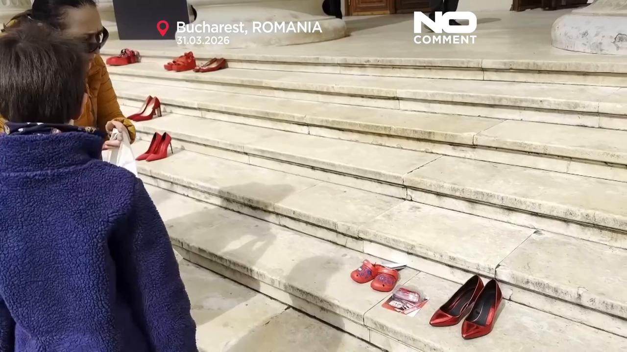 Video thumbnail for Red shoes protest in Romania highlights femicide crisis