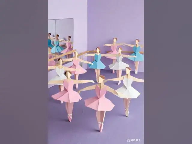 'Video thumbnail for 标准 纸折芭蕾舞者在紫色舞蹈室中优雅舒展肢体 粉蓝白舞裙随动作轻盈摆动'
