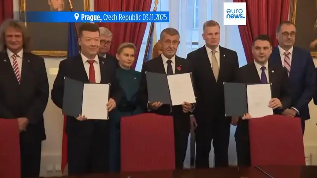 'Video thumbnail for Czech election winner Andrej Babiš signs coalition deal with right-wing fringe parties'