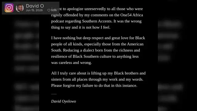 Video thumbnail for UNCAPTIONED: David Oyelowo apologises 'unreservedly' for comments about Black Southern accents.