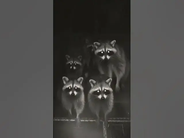 Video thumbnail for caught on cctv cabin : a funny racoon family playing on trampling at midnight in the woods
