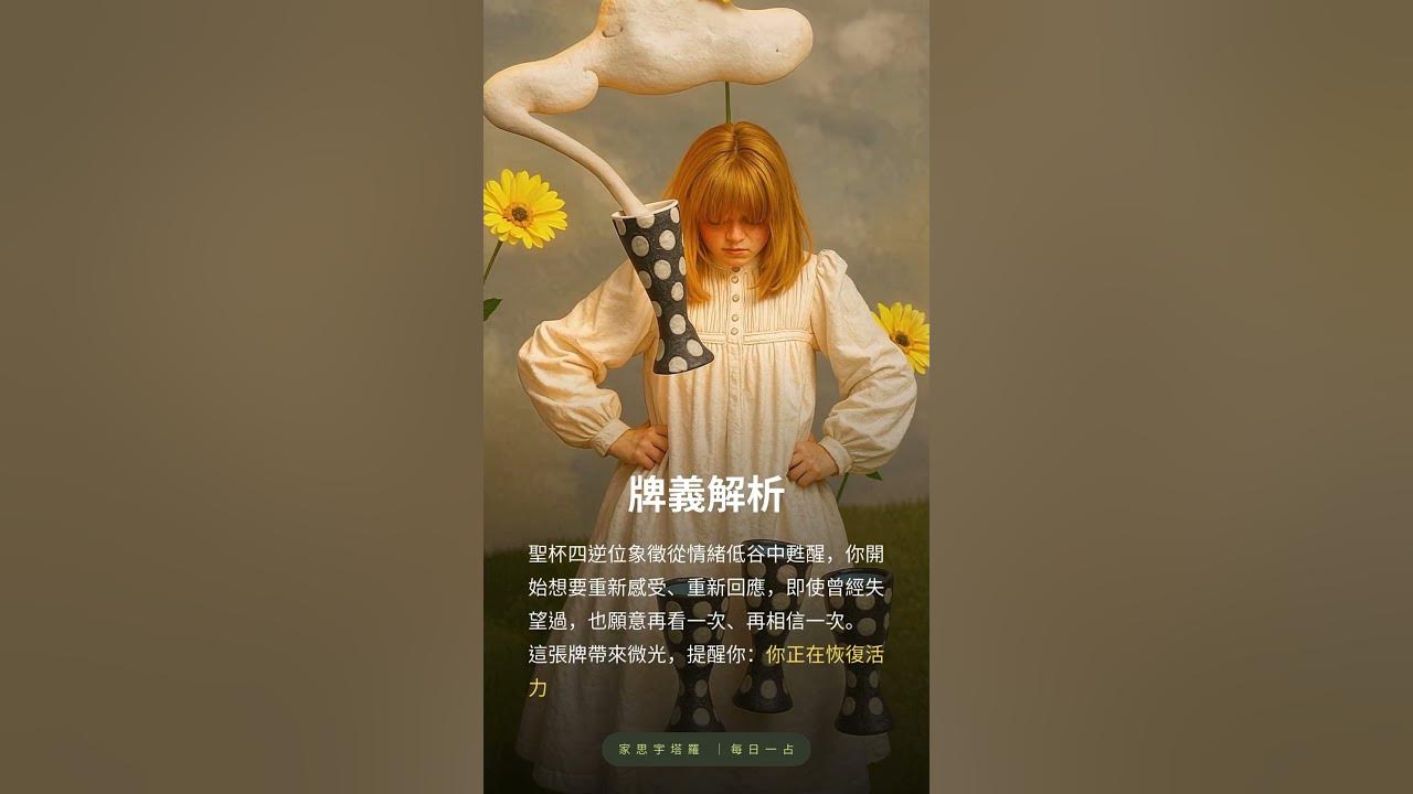 Video thumbnail for 【塔羅每日一占】你準備好了，迎接新的可能｜聖杯四 逆位 #家思宇塔羅 #感情 #深度自我覺察 #塔羅每日一占 #塔羅占卜