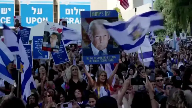 'Video thumbnail for WATCH: Tel Aviv crowds chant 'thank you Trump' as they watch Israeli hostages return'