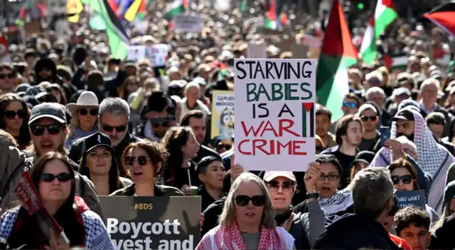 'Video thumbnail for Protesters rally across Australian cities to demand end to Gaza genocide'