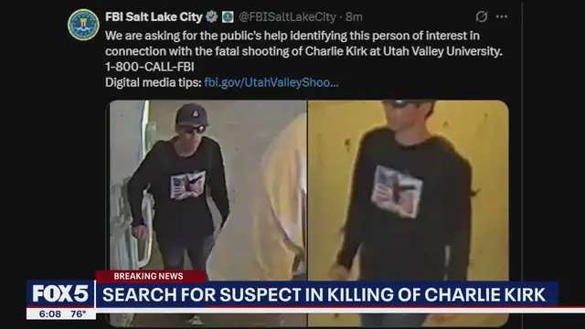 'Video thumbnail for Search for suspect in killing of Charlie Kirk continues'