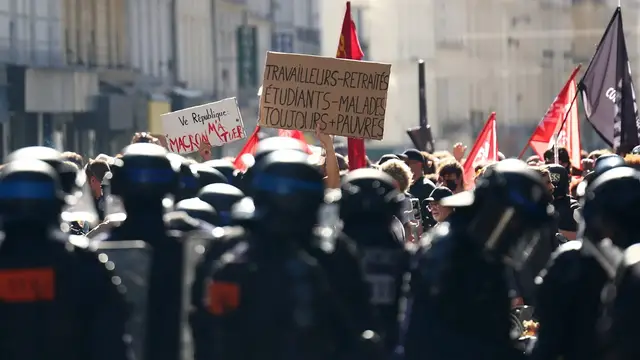 'Video thumbnail for France workers strike as protests erupt over government budget cuts'
