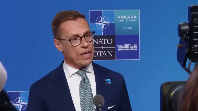Video thumbnail for Türkiye: Finnish President Stubb speaks to reporters ahead of Ankara NATO summit.
