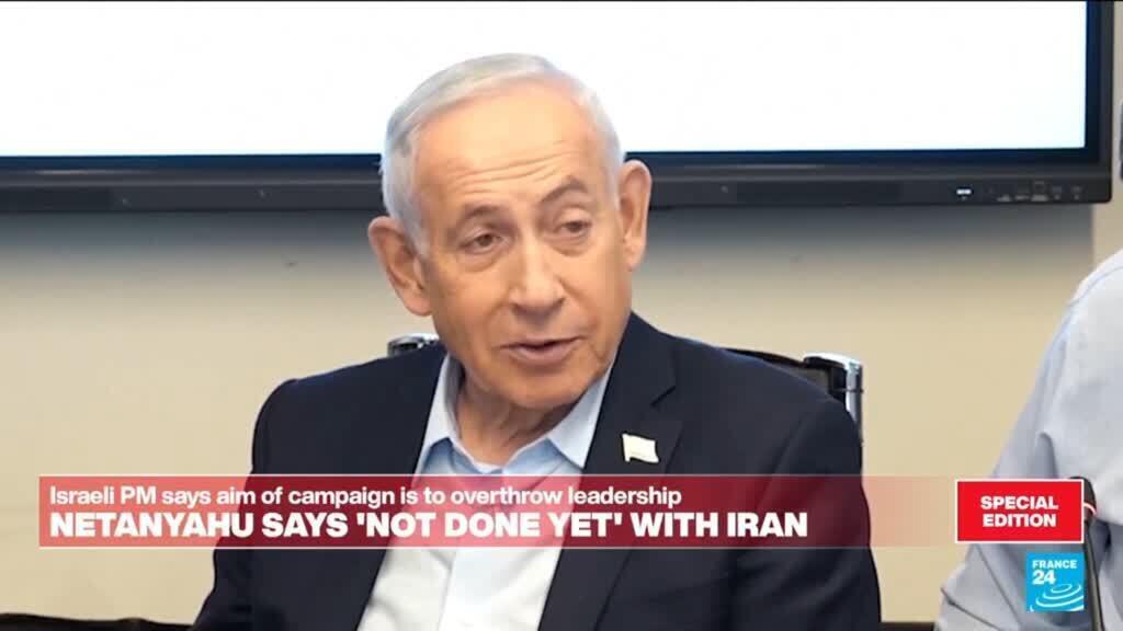 Video thumbnail for Israel's Netanyahu warns 'we are not done yet' in Iran in break with Trump