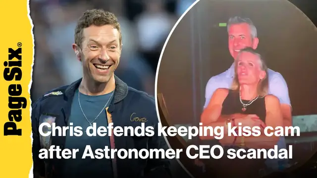 'Video thumbnail for Chris Martin defends keeping the Coldplay kiss cam at concerts despite Astronomer CEO 'debacle''