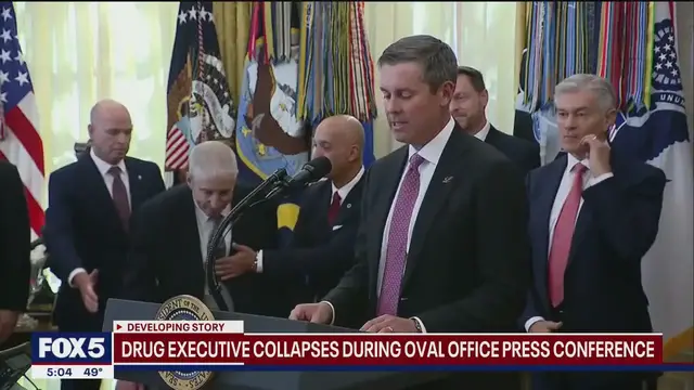 'Video thumbnail for Novo Nordisk exec collapses at White House during Trump’s drug price announcement'