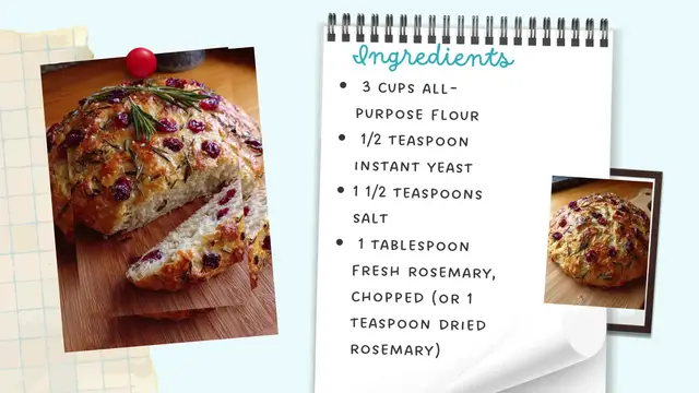 Video thumbnail for No-Knead Rosemary Cranberry Bread with Olive Oil & Sea Salt – Rustic, Savory & Simple