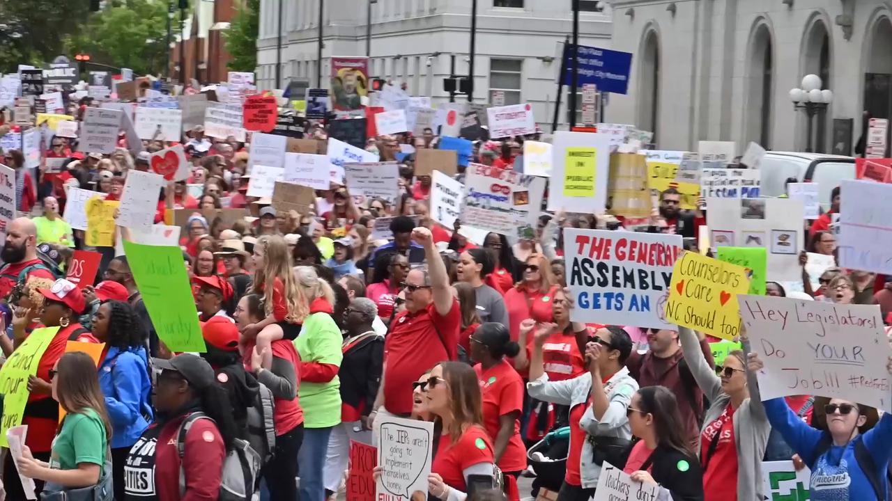 Video thumbnail for US: Thousands rally in North Carolina for better teacher salaries.