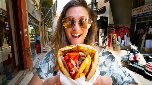 'Video thumbnail for Souvlaki Showdown!! GREECE'S #1 STREET FOOD - Souvlaki, Greek Pie and Loukoumades in Athens!'