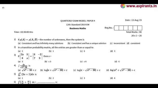 Video thumbnail for 12th Business Maths Quarterly Exam 2019-20 Model Question Paper-4 | Chennai District |English Medium