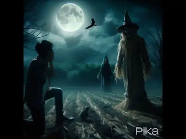 Video thumbnail for scary scarecrow in the middle of the field at night, looking at the man in the woods at night